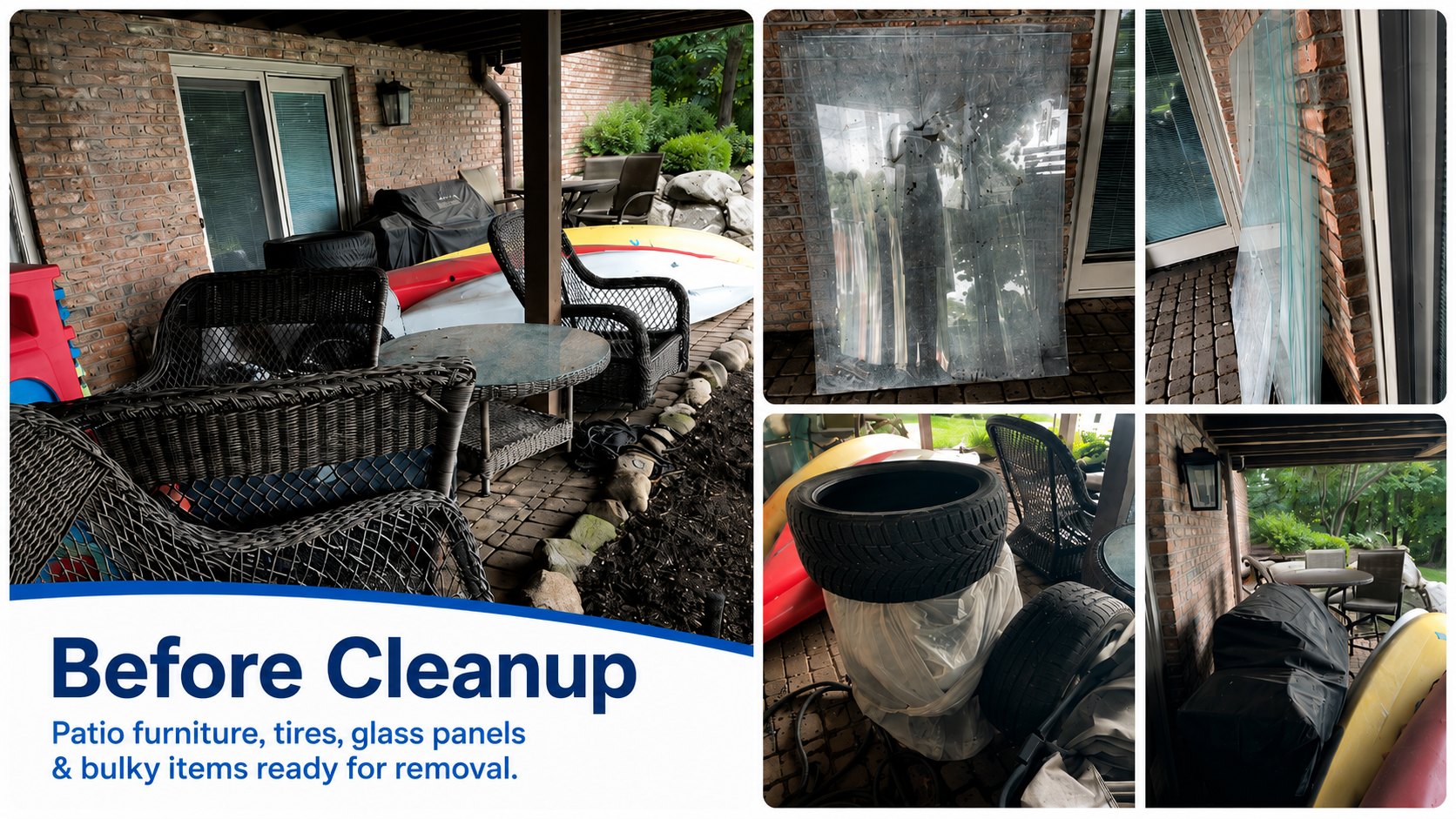 Before patio cleanup in Brighton with patio furniture, tires, glass panels, and bulky items ready for removal